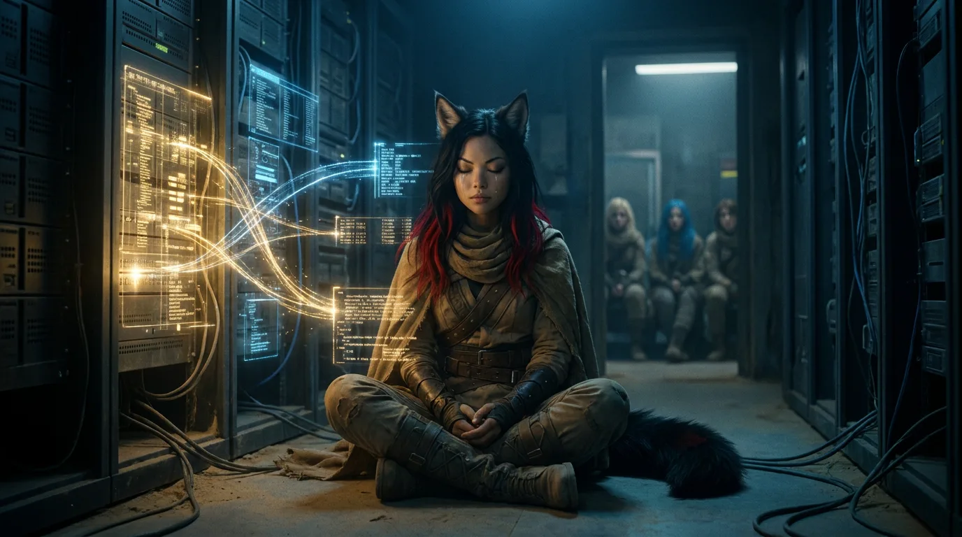 In a cyberpunk style a young woman with fox ears
