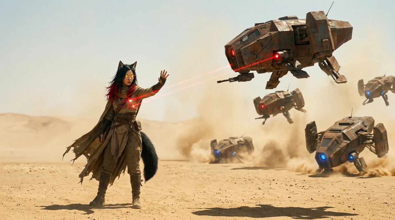 In a sci-fi desert style a woman with feline