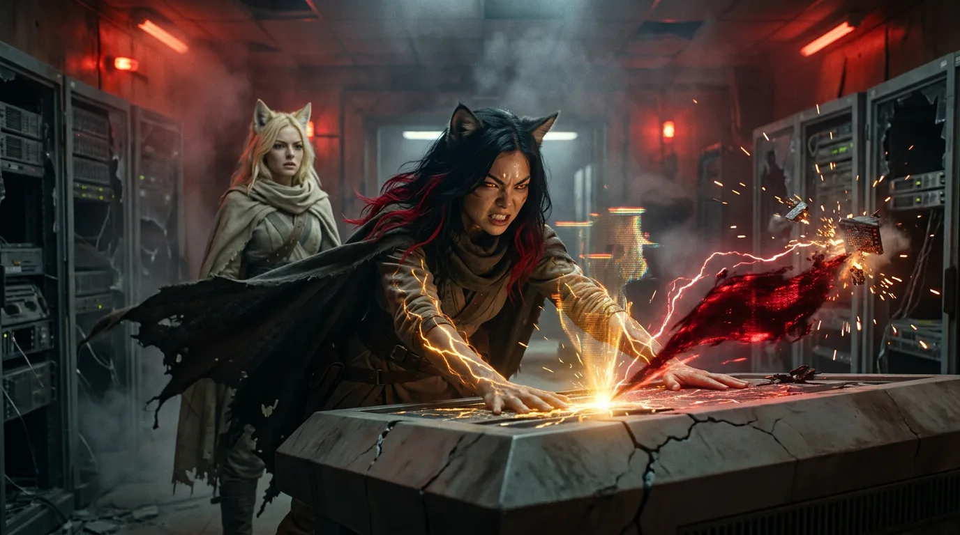 In a gritty sci-fi style a woman with dark hair