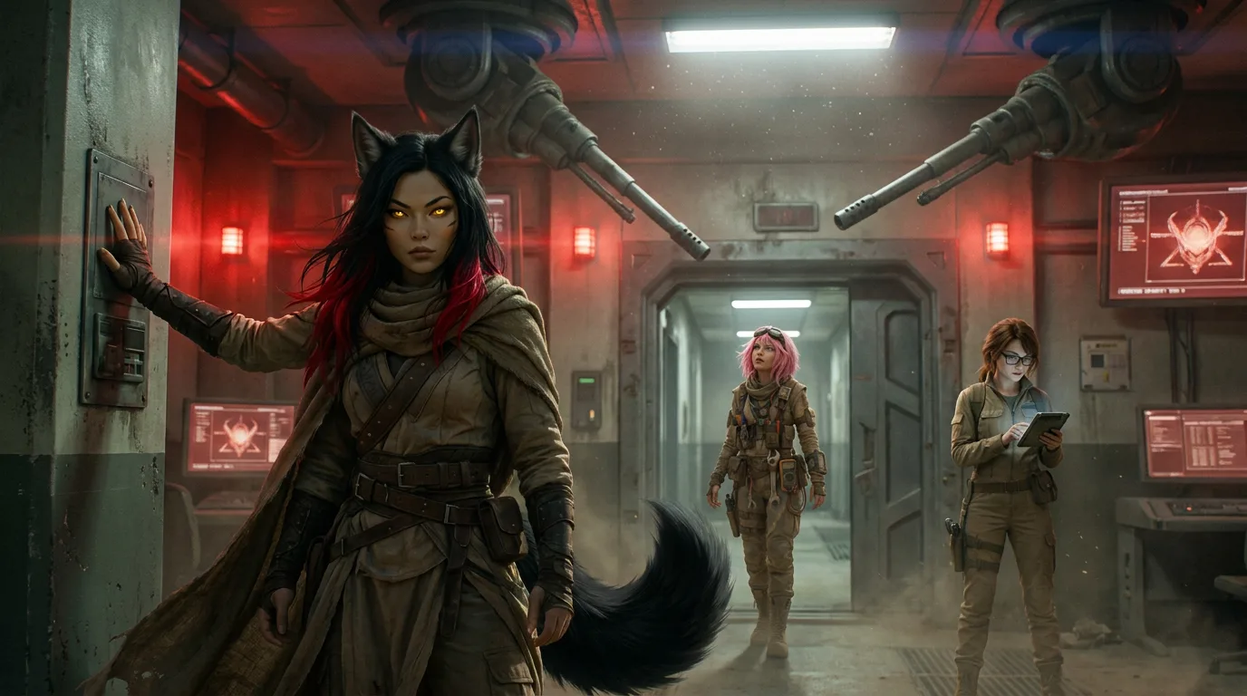 In a gritty sci-fi style a woman with cat-like