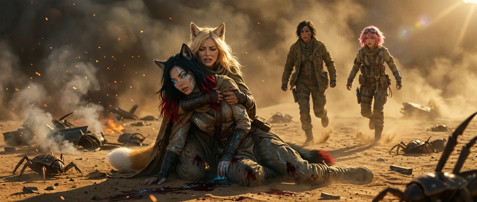 In a gritty post-apocalyptic desert scene