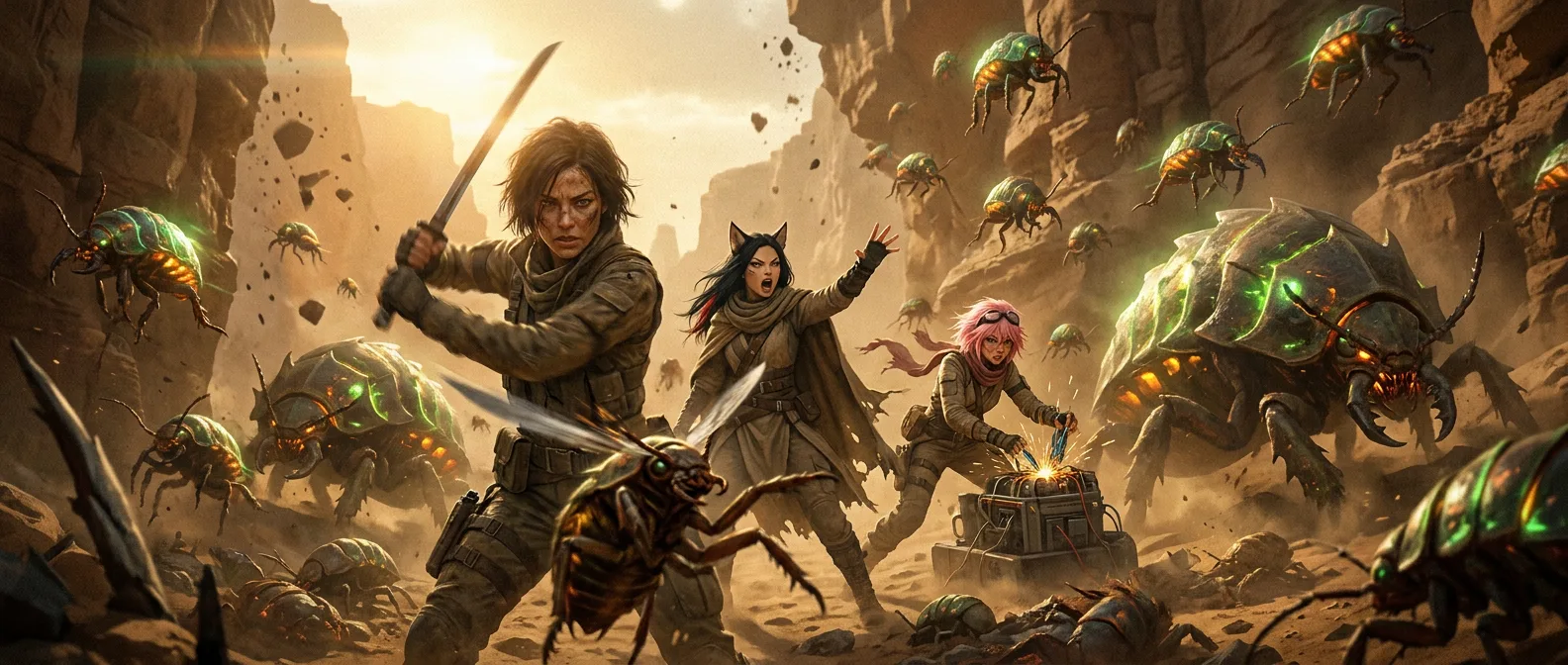In a sci-fi art style a group of women battle