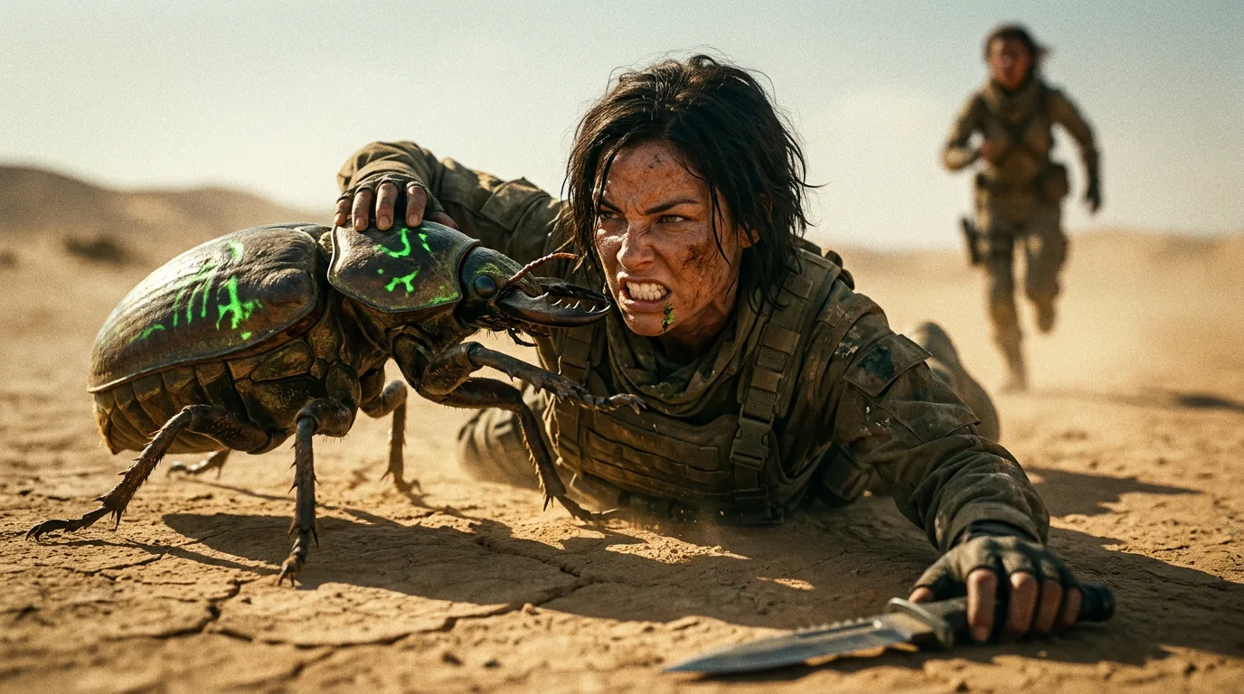 A woman in tactical gear is crawling on arid