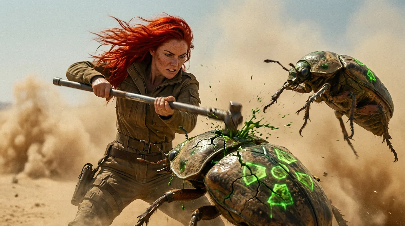 A determined woman with flowing red hair wearing