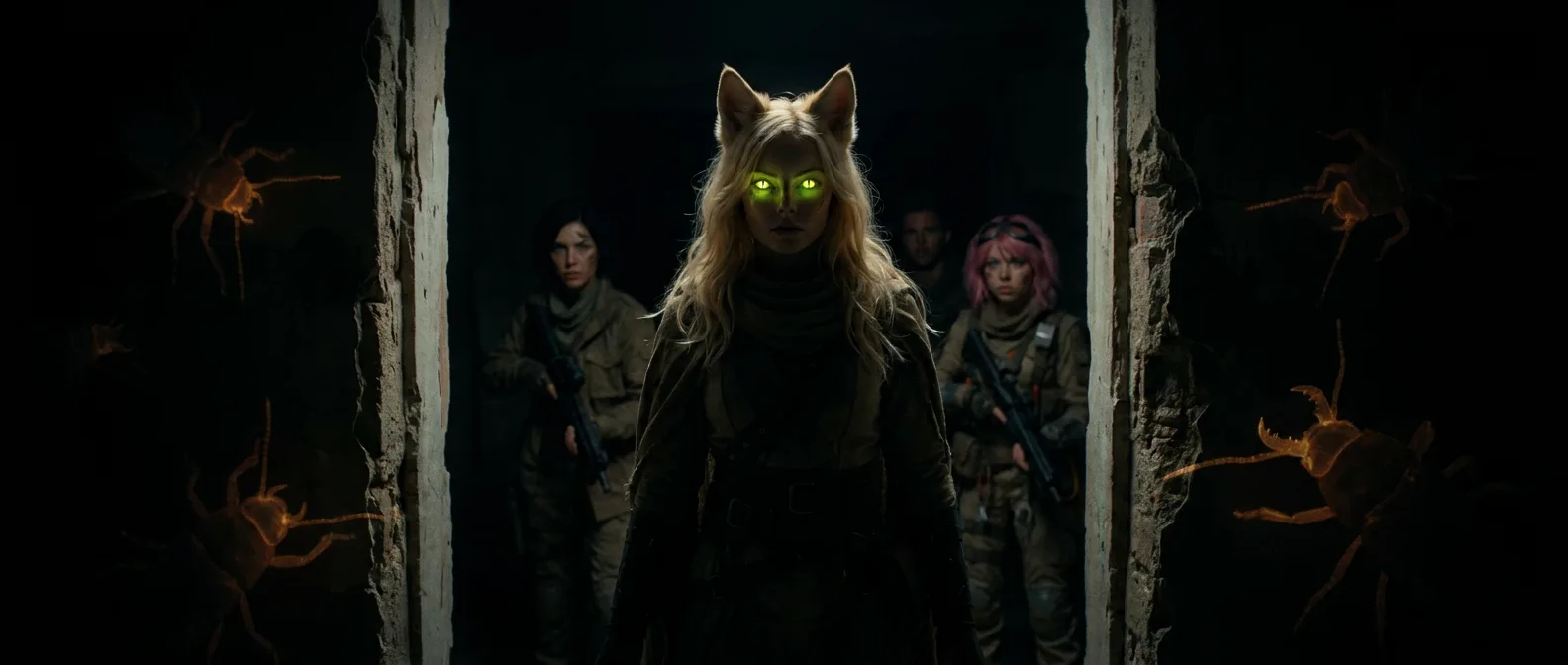 A person with feline ears and glowing green eyes