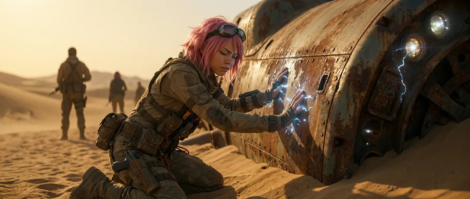 In a post-apocalyptic desert setting a woman