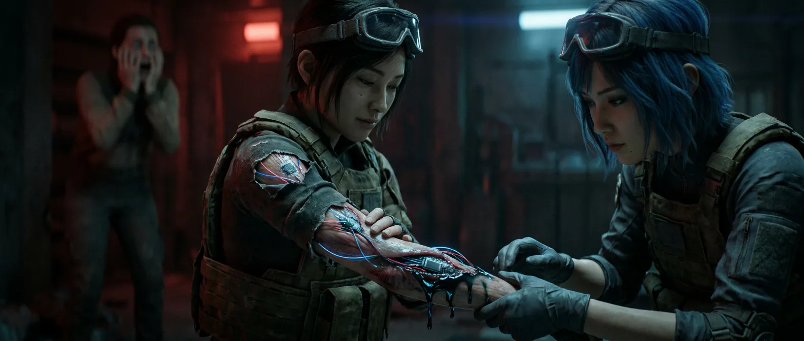 In a gritty sci-fi style two women in tactical