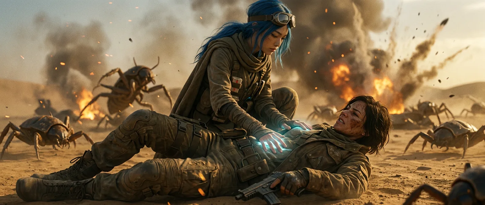 In a post-apocalyptic desert landscape a woman
