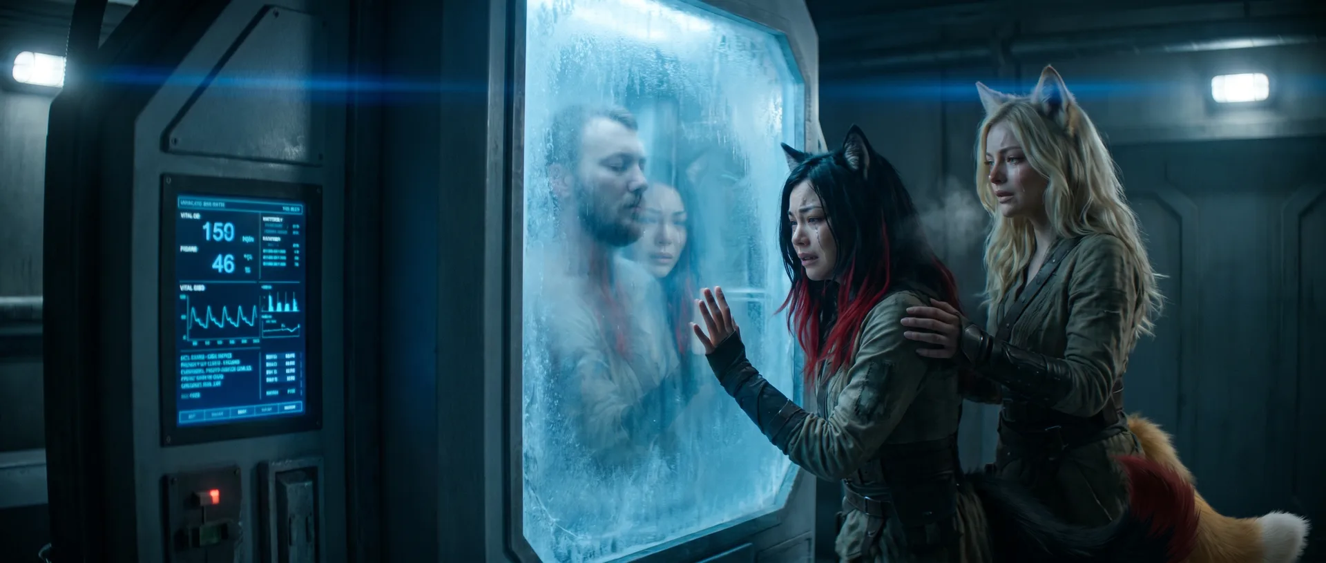 In a futuristic cinematic style two women with