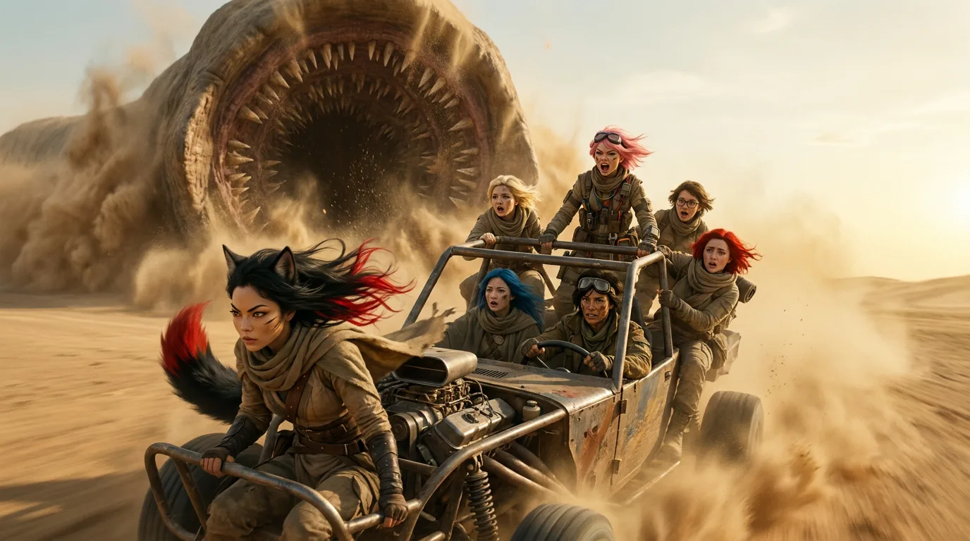In a cinematic style a group of women with