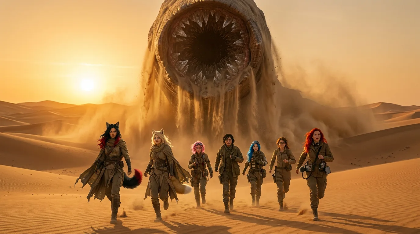 In a desert landscape at sunset a group of women