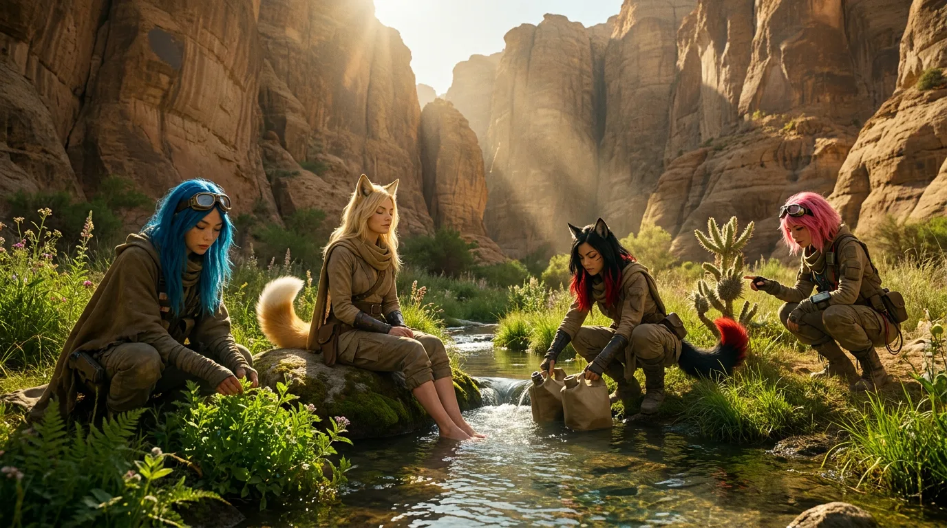 In a post-apocalyptic landscape four women with