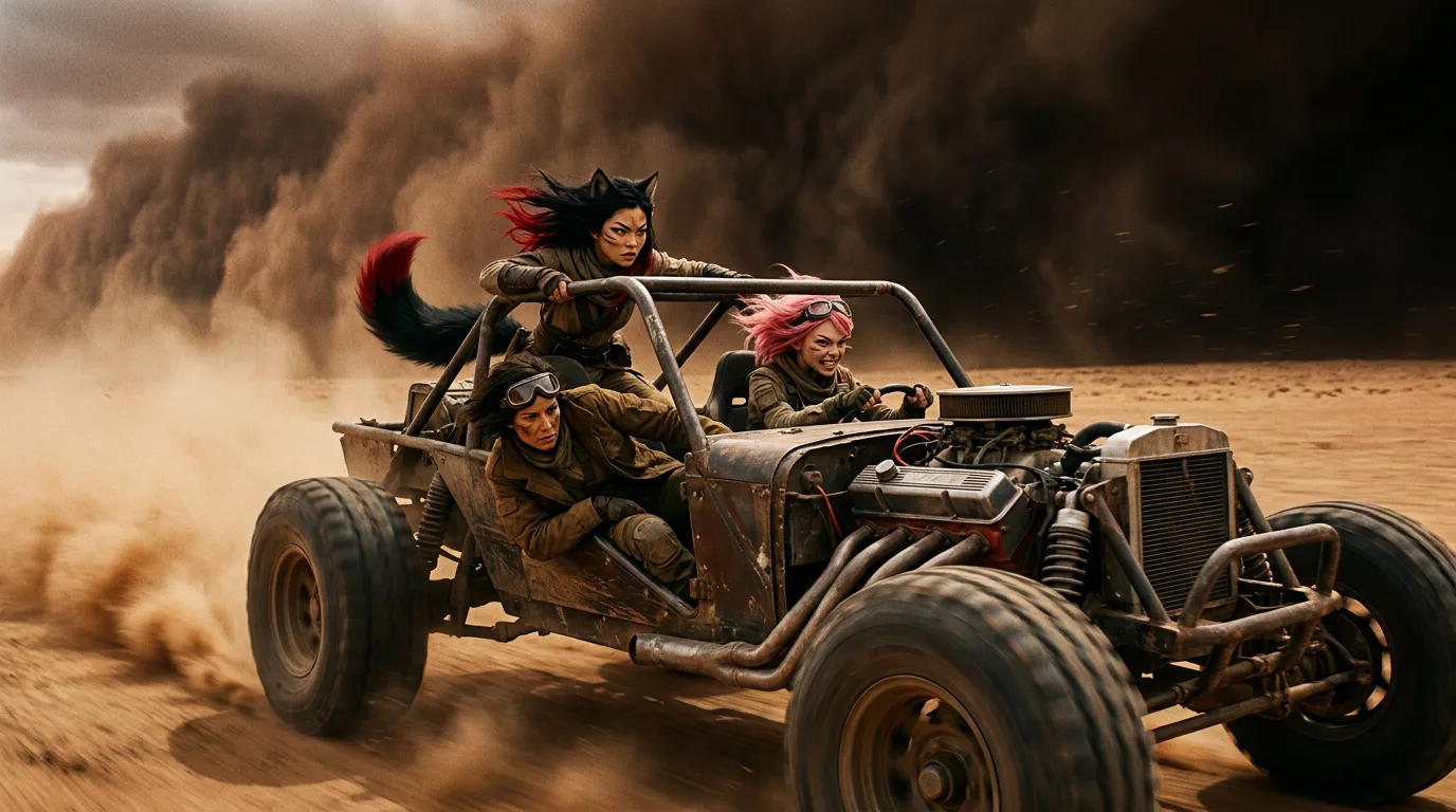 In a post-apocalyptic desert style three women