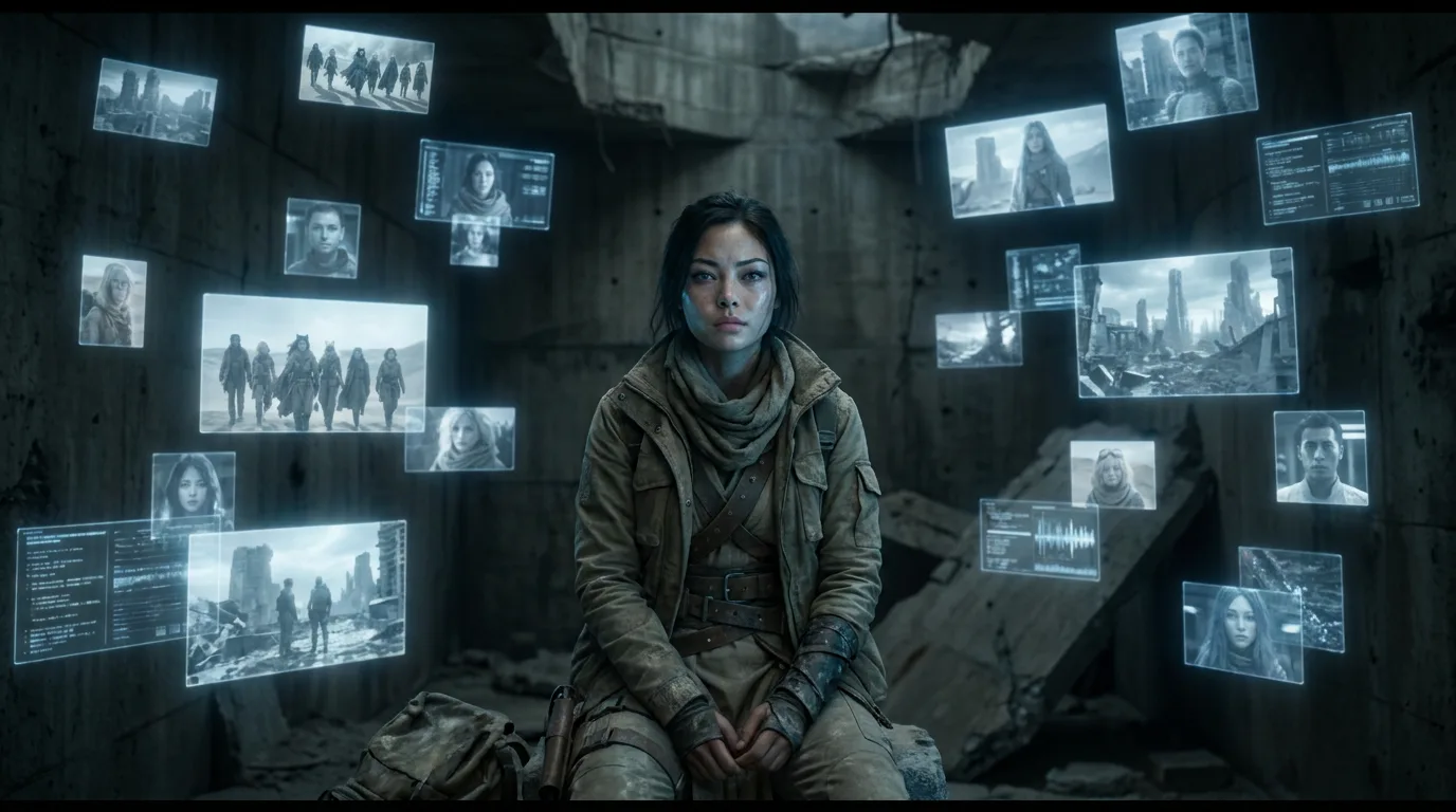 A woman sits in a desolate destroyed
