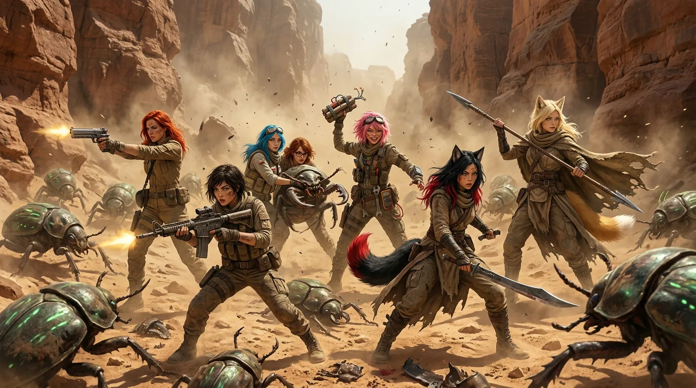In a post-apocalyptic desert landscape a group