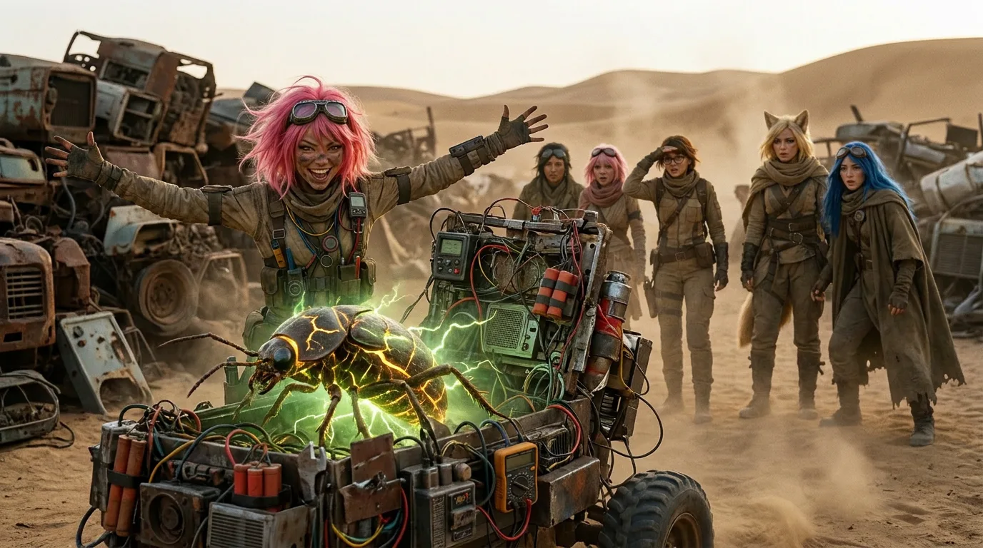 In a post-apocalyptic wasteland a woman with
