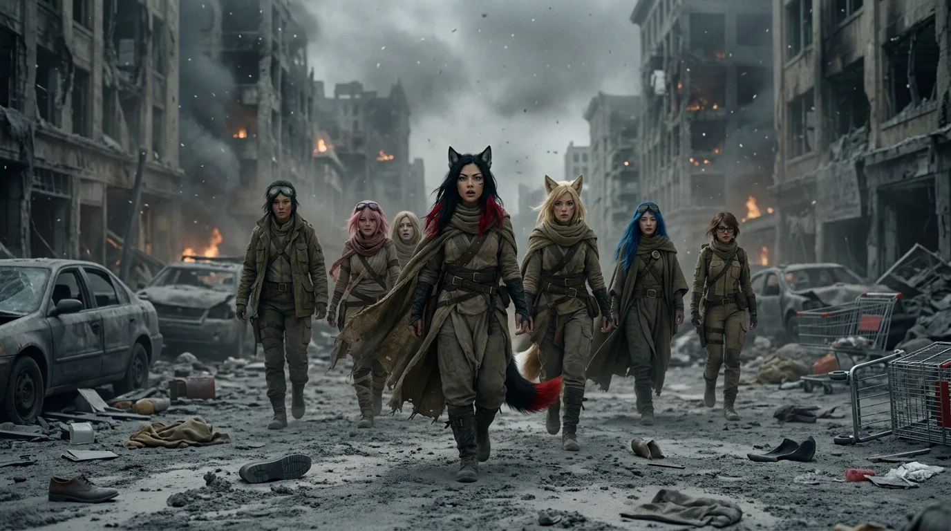 A group of women with animalistic features walks
