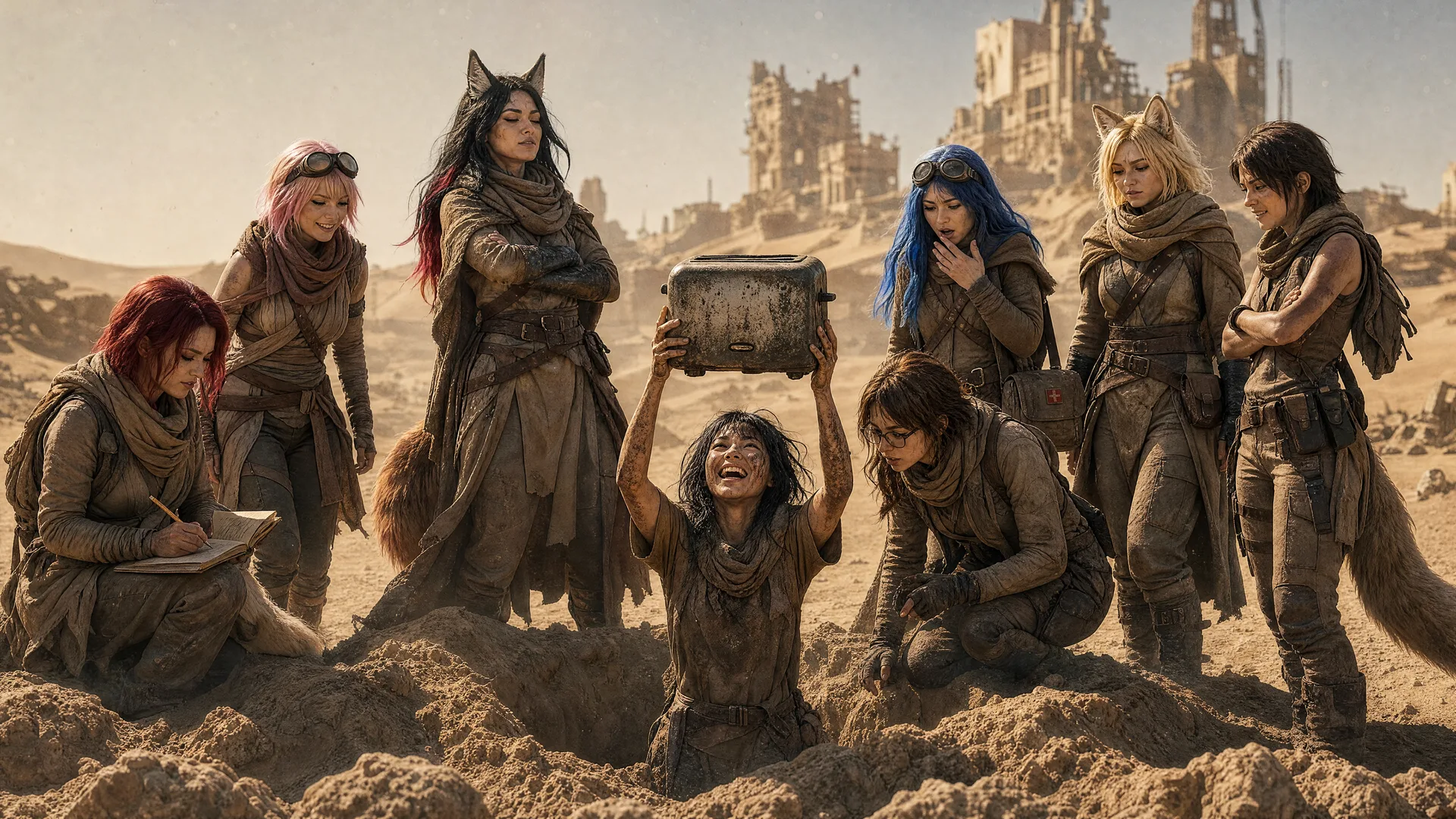 AI Girl Group Scene In a post-apocalyptic wasteland a group of women