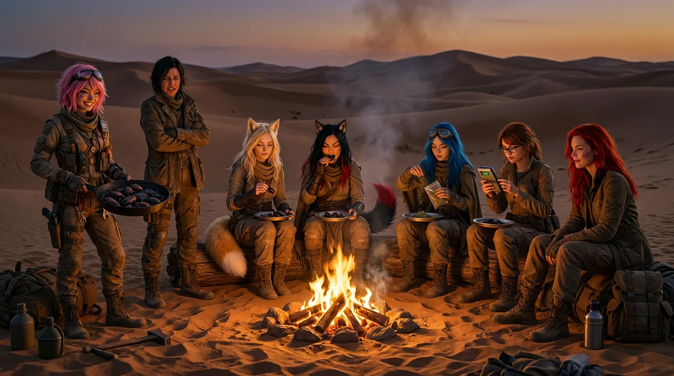 In a desert landscape at dusk a group of diverse