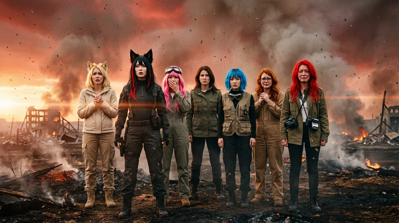 A group of women stand amidst the smoldering