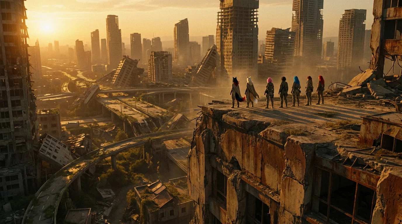 In a post-apocalyptic city bathed in the warm