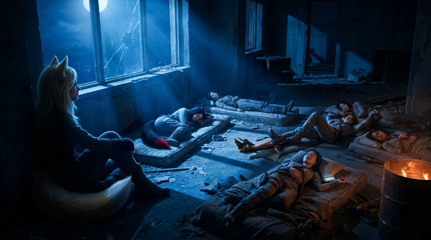 In a dark dilapidated room lit by a full moon