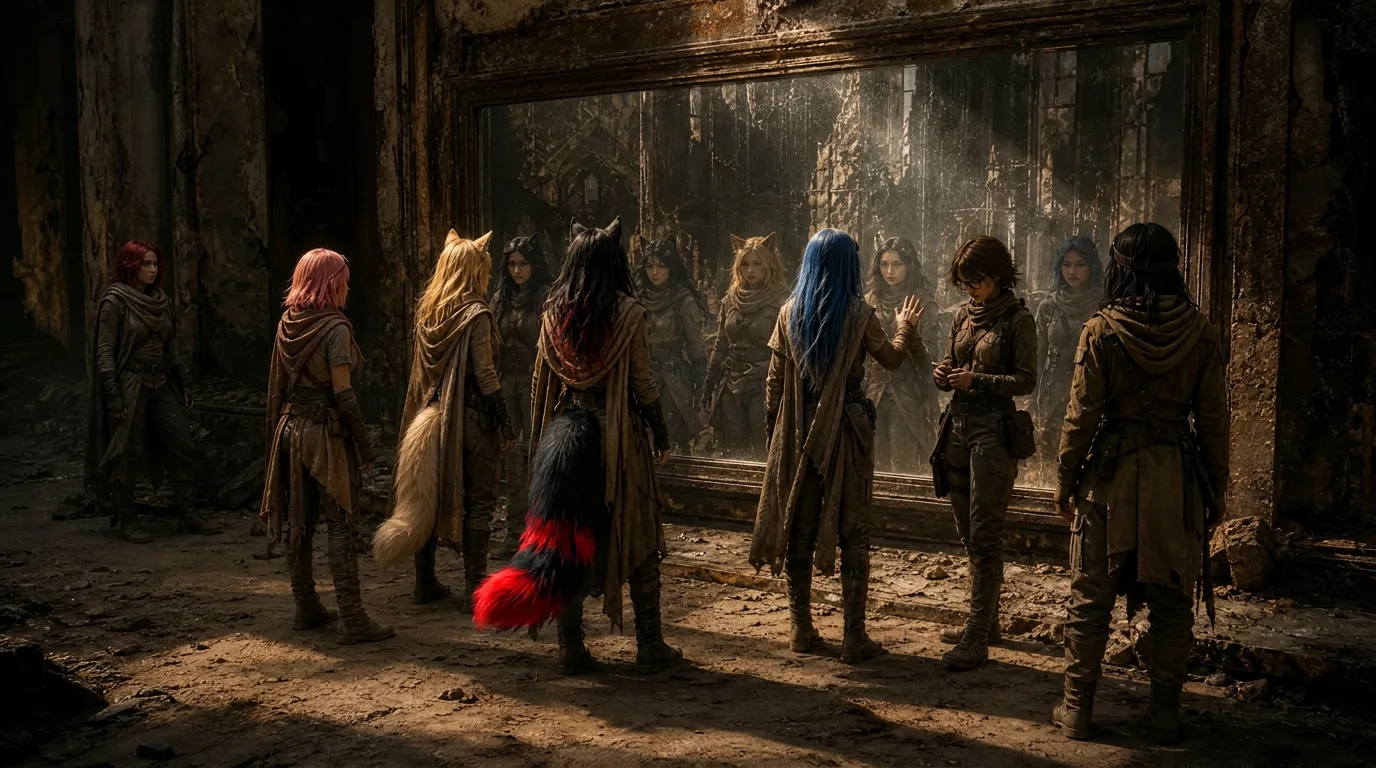 Image Editing Workspace In a post-apocalyptic fantasy style a group