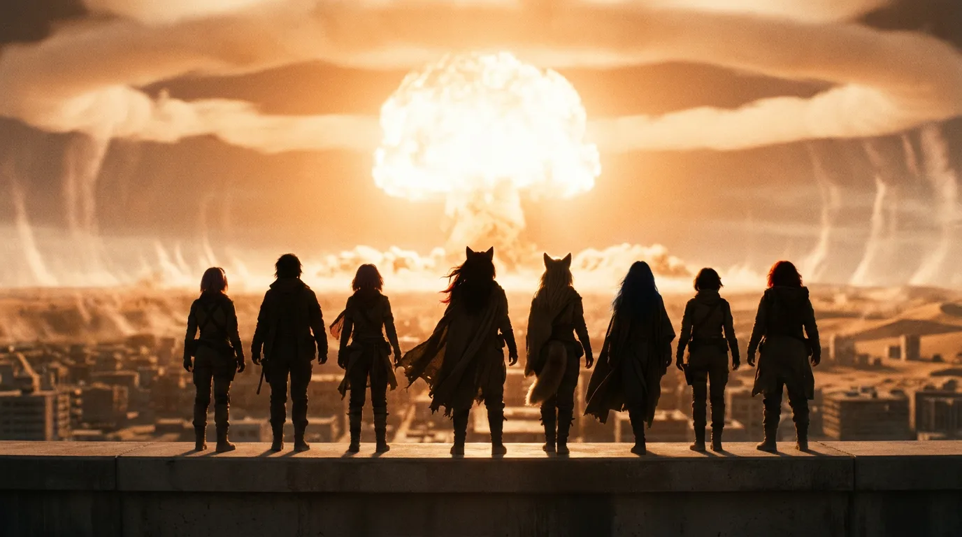A group of individuals stand silhouetted on