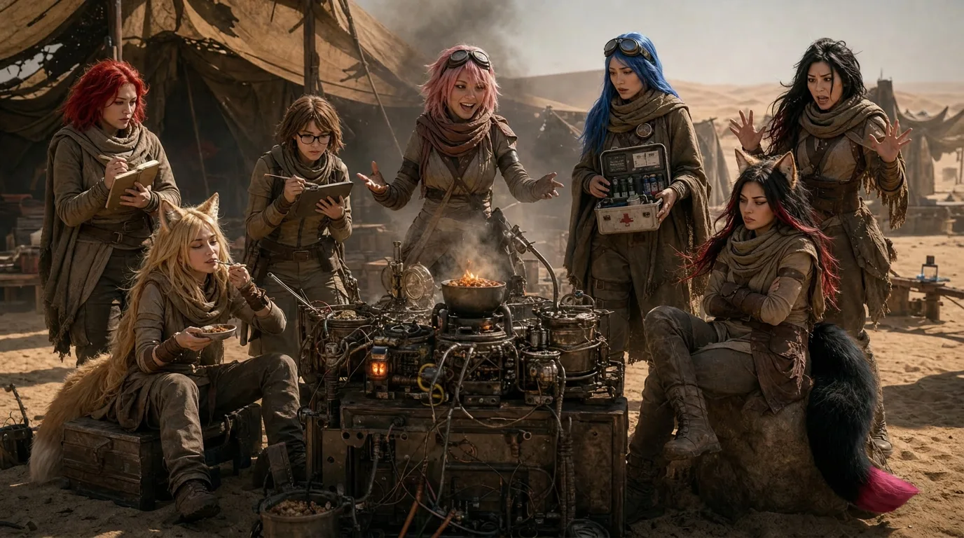 Anime Post-Apocalyptic Scene In a sci-fi wasteland setting a diverse group