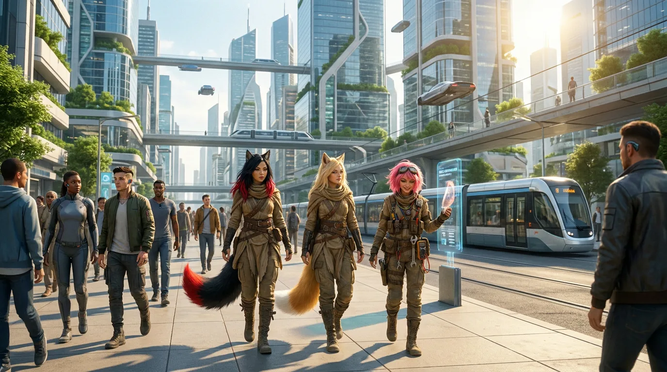In a futuristic cityscape a diverse group