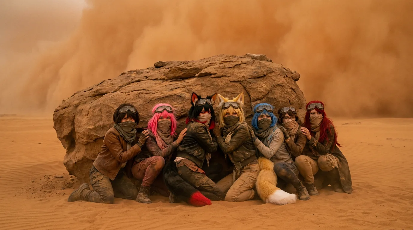 Seven individuals wearing protective goggles