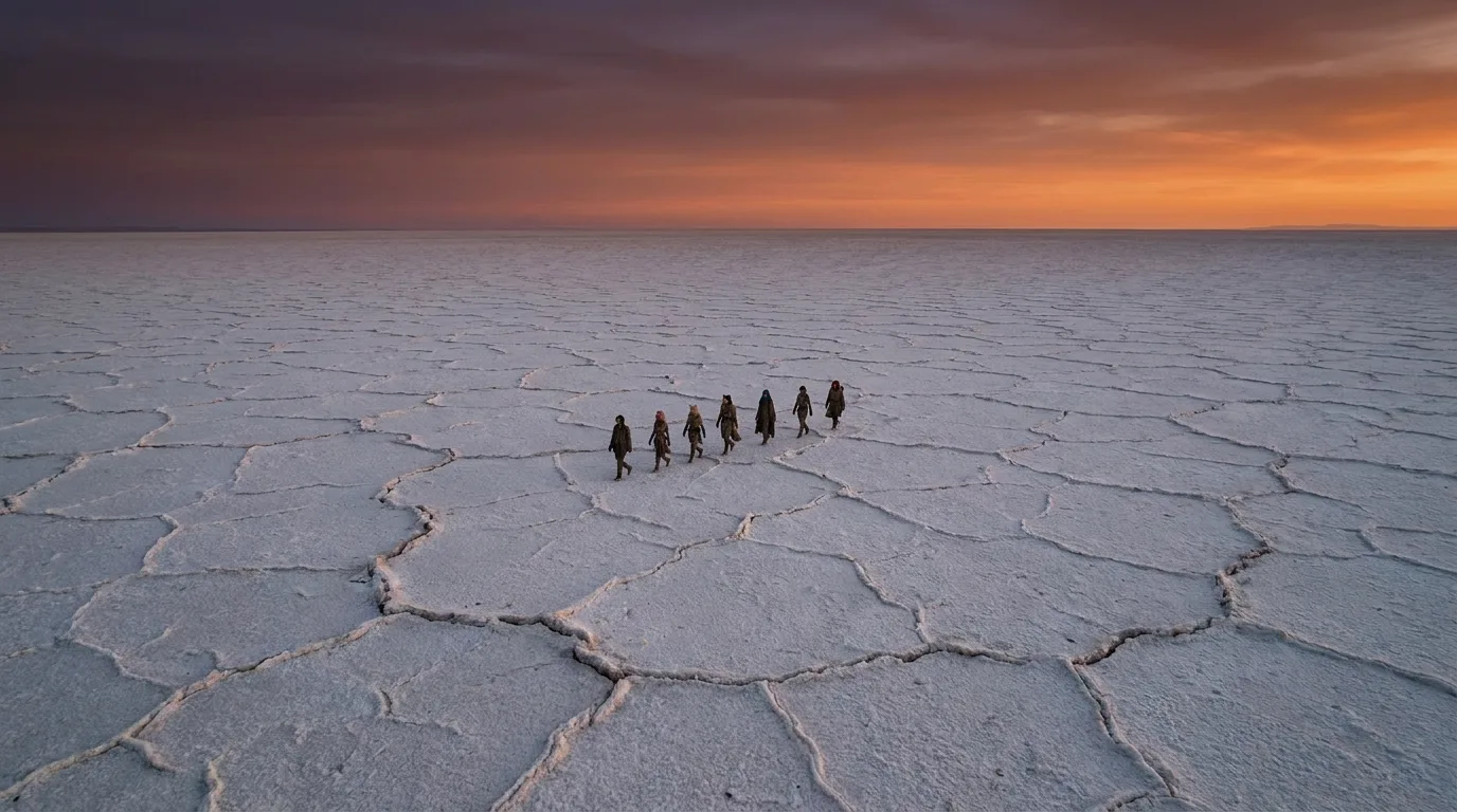 Character Reference Images A group of figures walks across a vast cracked