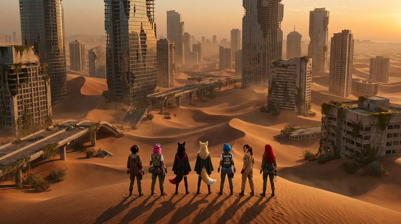 In a post-apocalyptic desert landscape a group