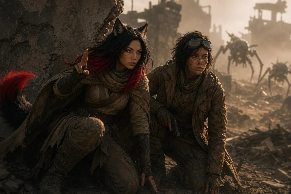 In a post-apocalyptic landscape a woman with