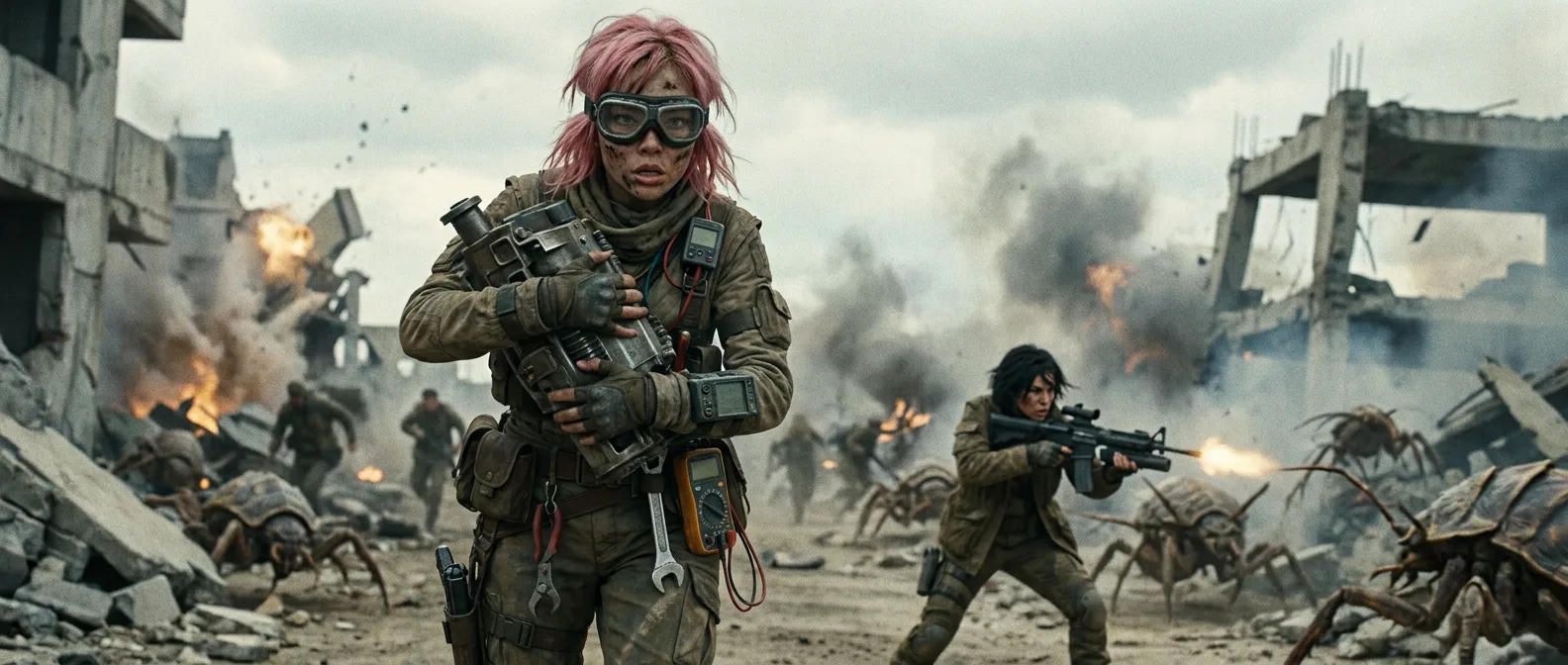 In a gritty post-apocalyptic style a determined