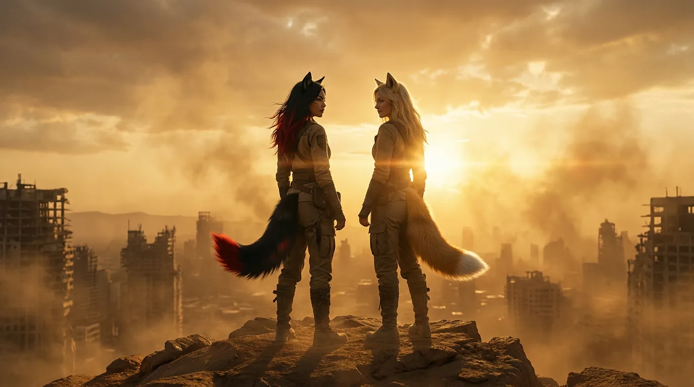 Two women with fox-like ears and tails stand on