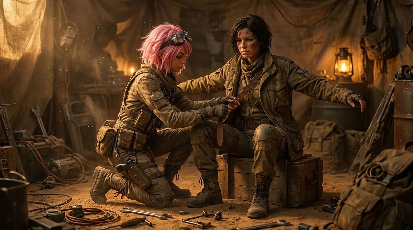 In a gritty post-apocalyptic style a person