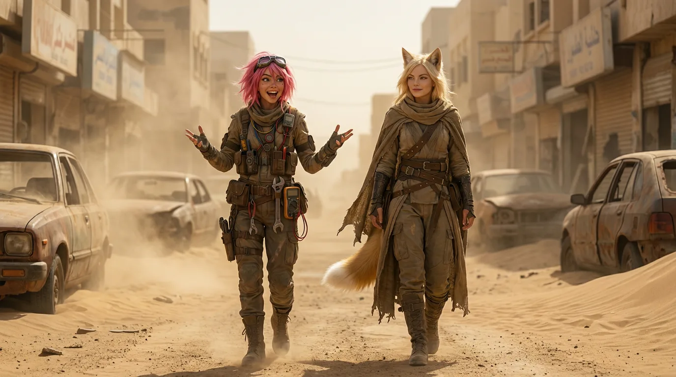 In a post-apocalyptic desert town two women walk