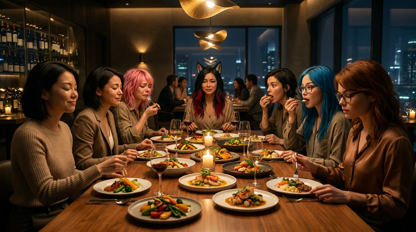 In a cinematic style a group of women are seated