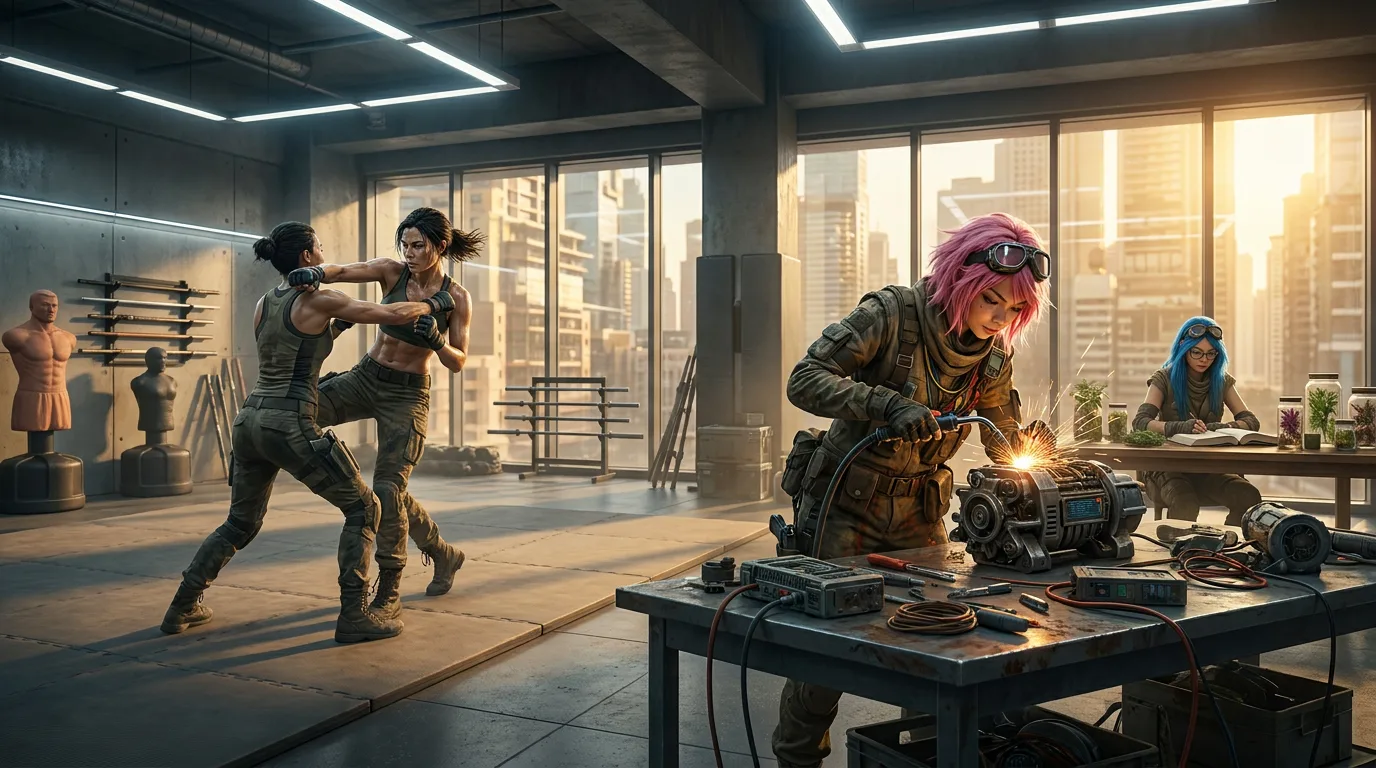 In a dystopian workshop overlooking a city
