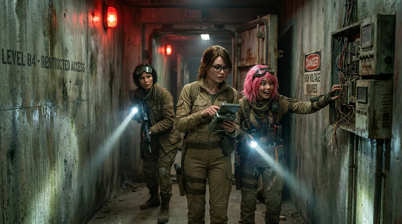 Three women in tactical gear navigate a dark