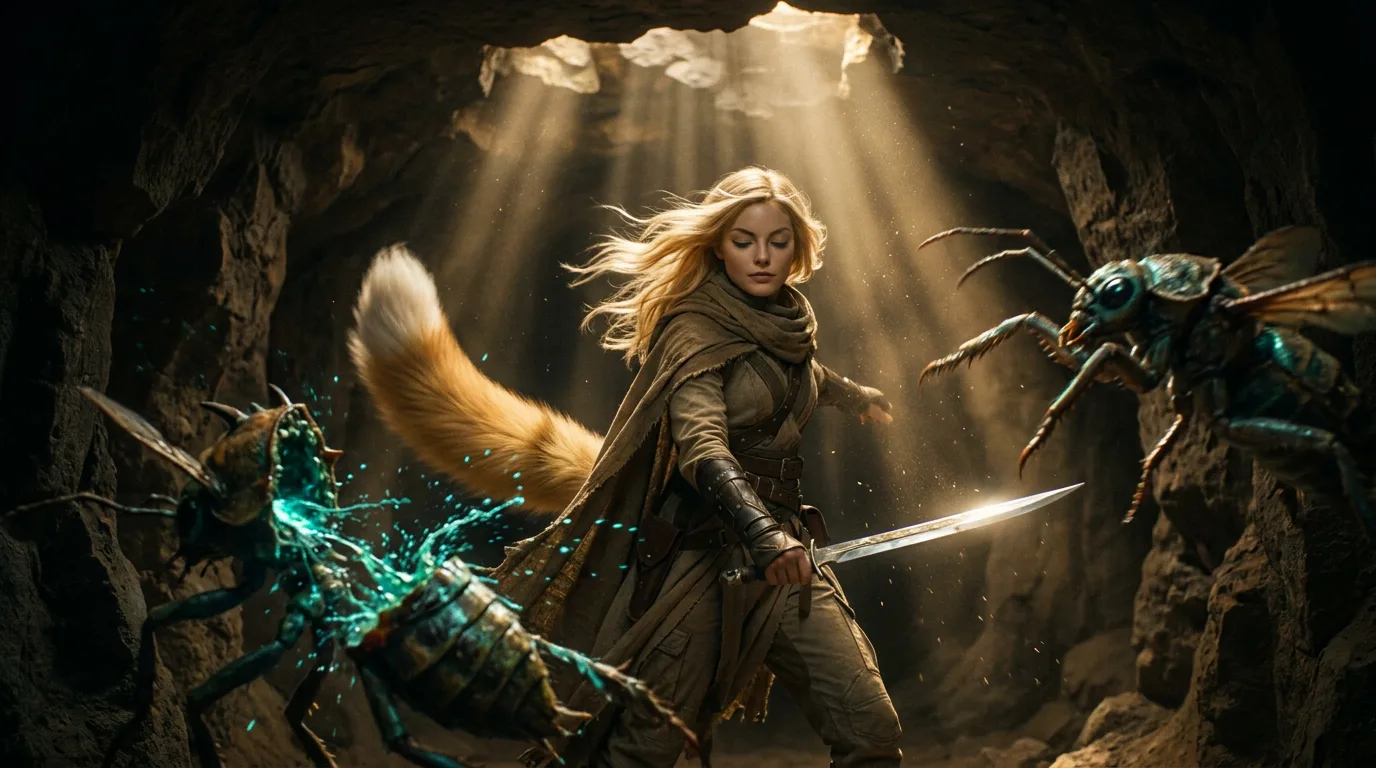 A woman with flowing blonde hair wearing rugged