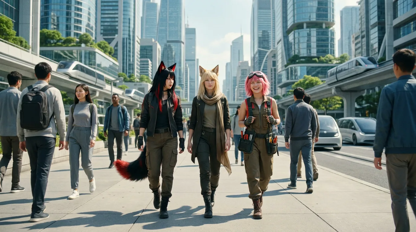 Three women with animal ears walk down a sunlit