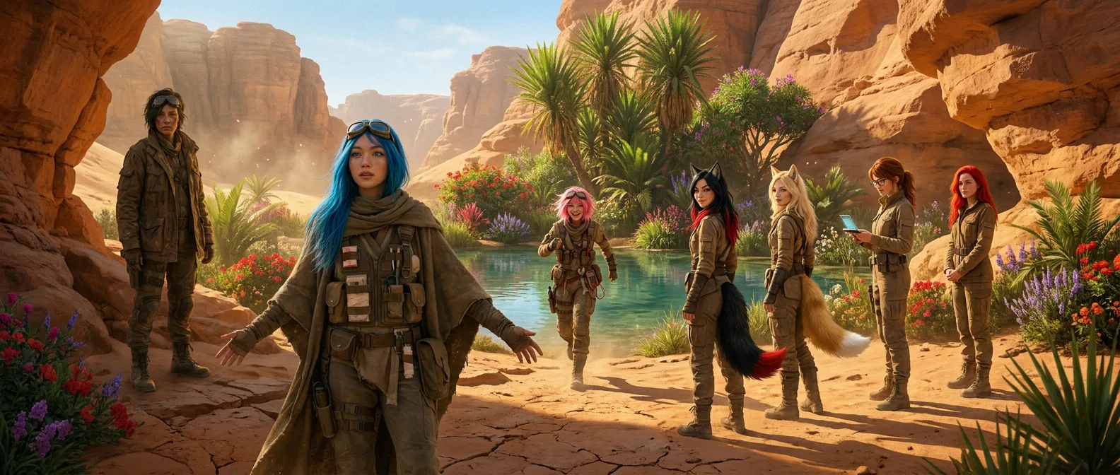 In a desert canyon a group of women