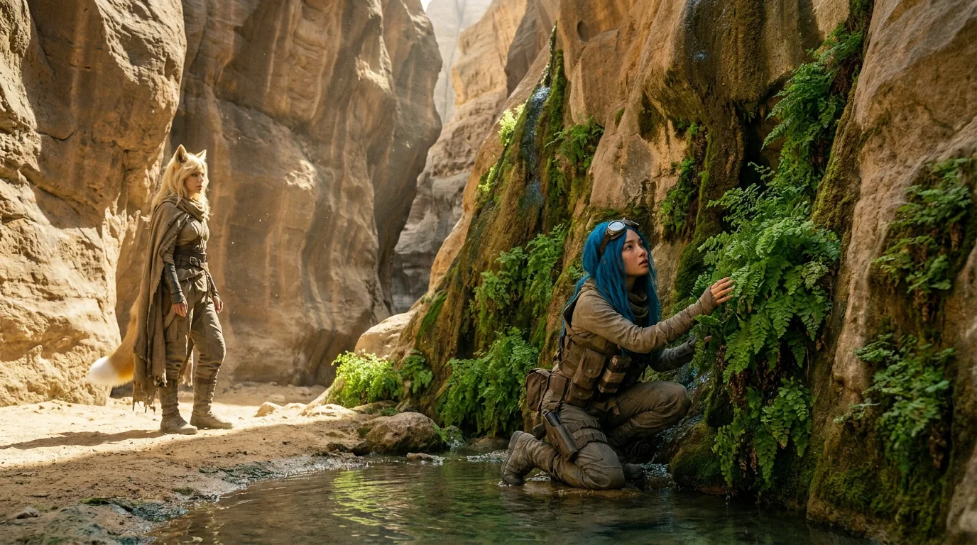 In a rugged canyon a woman with blonde hair