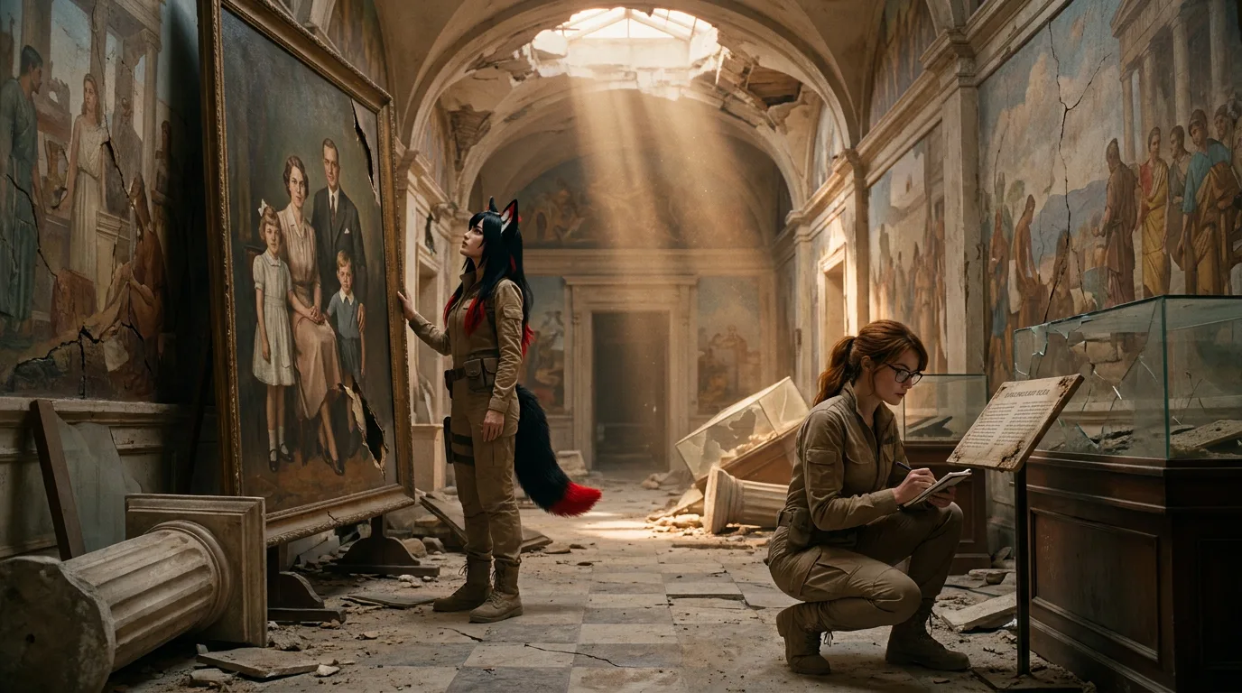 In a post-apocalyptic museum a woman with