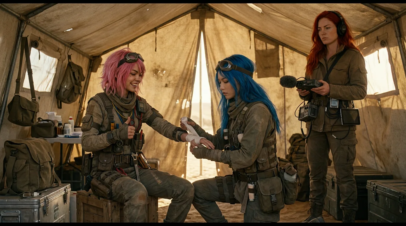 Character Reference Images In a post-apocalyptic setting a woman with pink