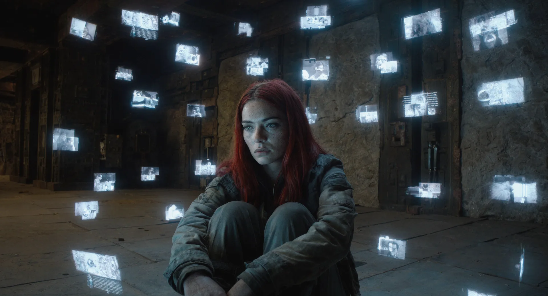 In a gritty futuristic style a young woman with