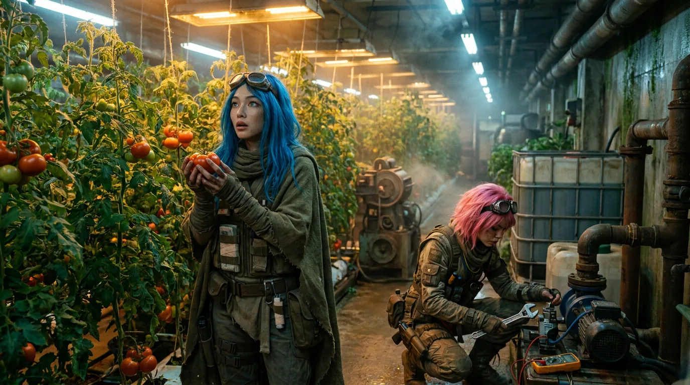 In a dystopian greenhouse a woman with bright