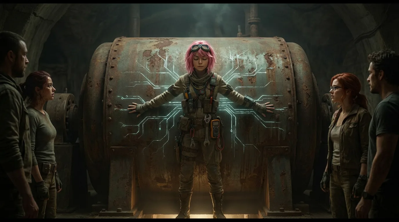 In a dark cavernous industrial setting a person